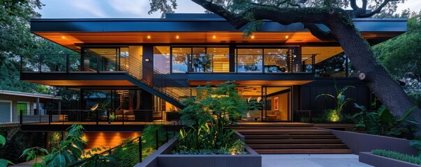 Modern treehouse with sleek design, innovative and inviting, Urban, Soft greens, Photograph, Elevated living