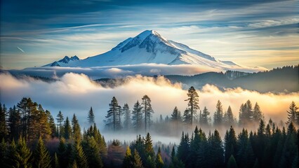 A serene mountain vista shrouded in ethereal mist, bathed in the warm glow of dawn, with tall evergreen trees standing sentinel against a backdrop of snow-capped peaks.