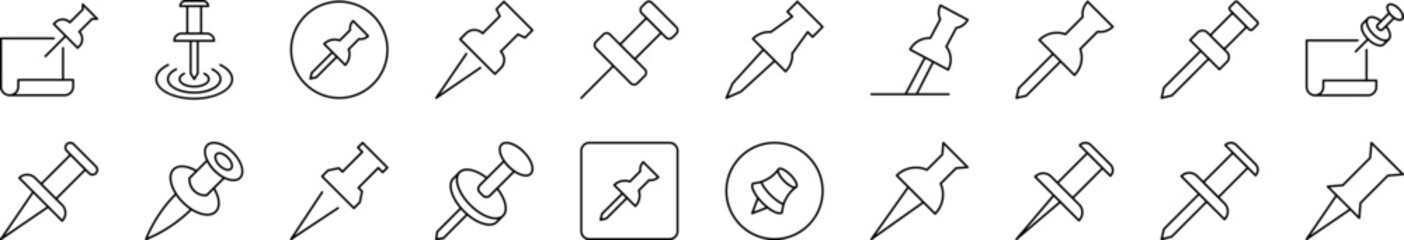 Push Pin for School and Office Set of Thin Icons. Editable Stroke. Suitable for Web Sites, Books, Cards, Apps