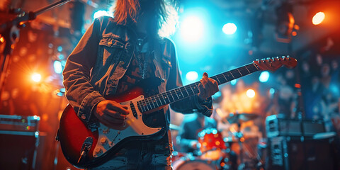 Obraz premium Musical concert with spectators, festival party in smoke silhouette of group. Disco in nightclub.