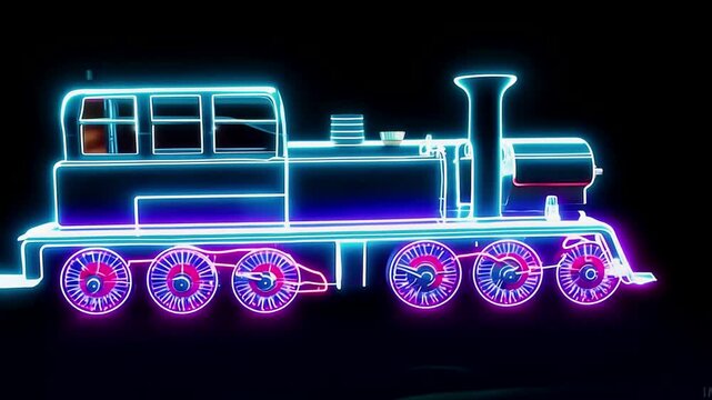 Steam locomotive 3D retro model  , bright neon lights on a black background. Generative AI
