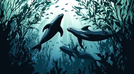 Naklejka premium Three dolphins swim upwards towards the light in a kelp forest, with fish swimming above.
