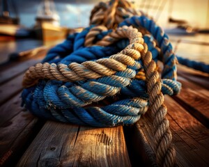 Fototapeta premium Nautical rope coiled on a wooden deck, rustic and strong, Coastal, Earth tones, Photograph, Marine detail
