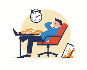 Businessman Sleeping in Office Chair with Book and Alarm Clock - Boredom, Procrastination, and Afternoon Slump Concept in Flat Minimalist Vector