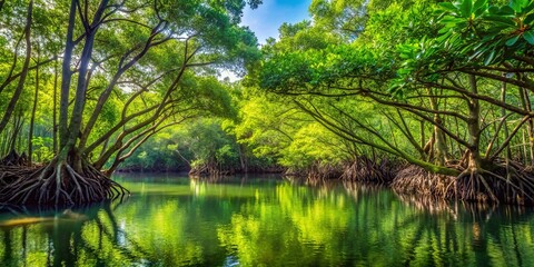 Obraz premium A tranquil waterway winds through a lush green canopy, where ancient trees with intricate root systems anchor themselves in the shallow water, casting dappled shadows on the surface.