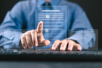 Businessman checking the steps through document with a list of checkboxes ,regulation ,Concepts of practices and policies , procedure company articles of association Terms and Conditions