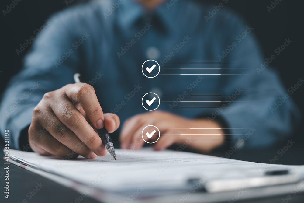 Poster businessman checking contract documents manage documents and agreements contract signing and busines