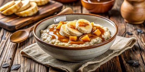 Savor a comforting bowl of oatmeal porridge adorned with ripe banana and luscious caramel sauce, artfully displayed on