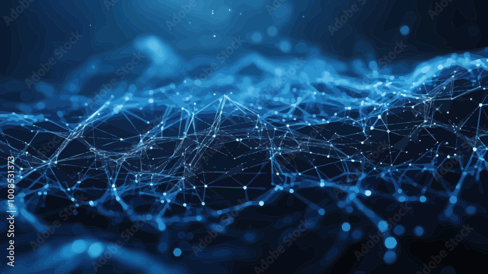 Poster abstract polygonal network background with lines, dots and glowing particles, plexus effect, artific