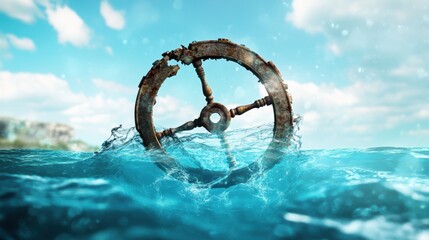 Fototapeta premium Antique Ship Wheel in Turquoise Ocean Waves