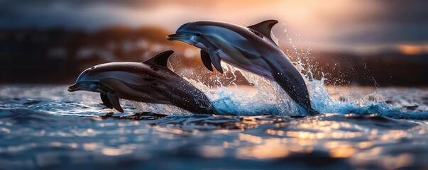 Playful dolphins leaping in the ocean, dynamic and joyful, Marine, Cool tones, Photograph, Marine life