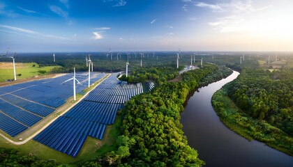 Fototapeta premium An aerial view of the vast forest with the river surrounded by solar fields and wind turbines on the outskirts. It symbolizes the shift towards renewable energy and environmentally friendly technology