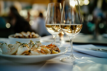 Naklejka premium Two glasses of white wine are standing on a restaurant table served with delicious seafood dinner