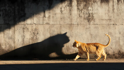 An orange cat strides beside a lion's shadow silhouette.