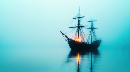 Obraz premium Mysterious Ship in Foggy Waters at Dusk