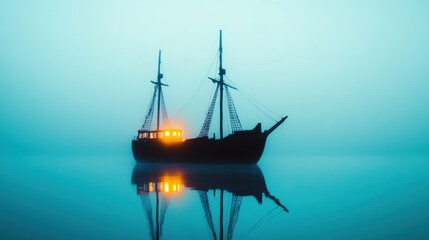 Fototapeta premium Mysterious Ship in Foggy Waters at Dusk