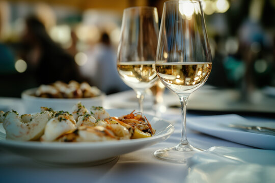 Two glasses of white wine are standing on a restaurant table served with delicious seafood dinner