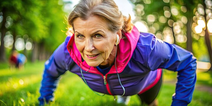 Energetic Middle-Aged Woman Engaging in Outdoor Exercise, Promoting Health and Wellness Lifestyle