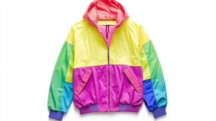 A vibrant windbreaker jacket for women in neon colors, isolated on a white background, ideal for promoting active lifestyle fashion