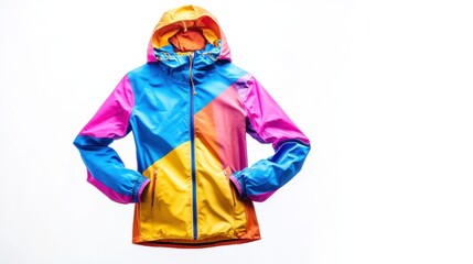 A vibrant windbreaker jacket for women in neon colors, isolated on a white background, ideal for promoting active lifestyle fashion