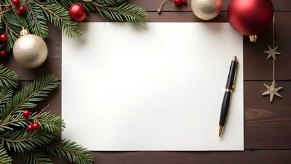 A sheet of white paper lies on the table, New Year's atmosphere, a letter to Santa Claus, mock up

