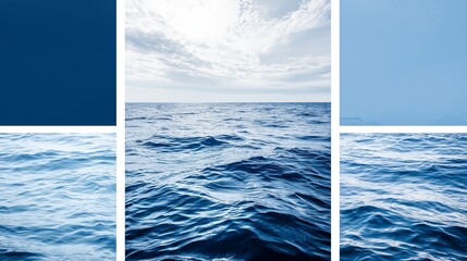 Oceanic blues in a corporate palette convey calm and trust, featuring waves and sky.