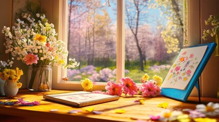 A vibrant springtime desk with fresh flowers and a sketchbook, a window view of a blooming forest, and the refreshing sound of a lo-fi spring playlist.