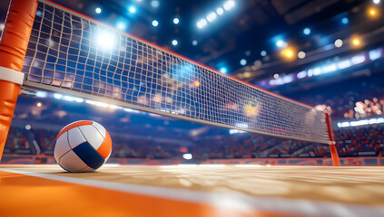 Dynamic volleyball scene with vibrant colors in an arena setup.