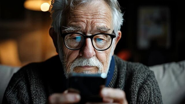 An elderly man focuses on his smartphone, absorbed in an activity during a quiet evening at home