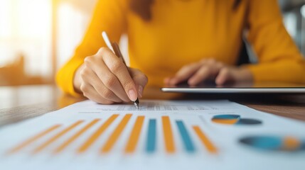 A hand flipping through data sheets, another entering a hypothesis into a tablet, brightly lit, organized desk setting.