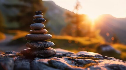 Obraz premium Rock cairn on a mountain trail, serene and symbolic, Nature, Earth tones, Photograph, Hiking detail