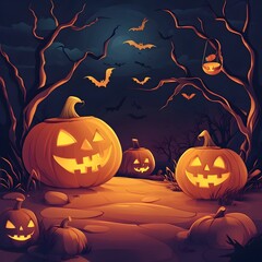 Spooky Pumpkin Patch with Bats in a Haunted Forest Landscape for Halloween