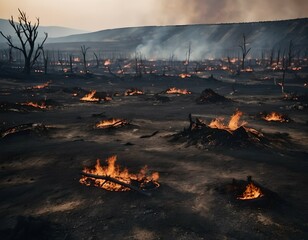 A textured background of a barren landscape after a wildfire, with charred earth and scattered embers, creating a somber and reflective atmosphere