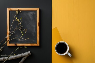 Creative Workspace with Blackboard, Branch, and Coffee Cup on Yellow and Black Surface for Inspiring Design