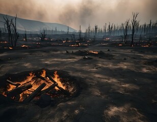A textured background of a barren landscape after a wildfire, with charred earth and scattered embers, creating a somber and reflective atmosphere