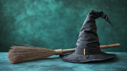 A black witch hat with a pointed tip rests beside a rustic broomstick on a green textured surface, evoking a sense of magic and Halloween spirit.