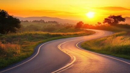 Fototapeta premium A winding road at sunset, surrounded by lush greenery and rolling hills, creating a serene and picturesque landscape.