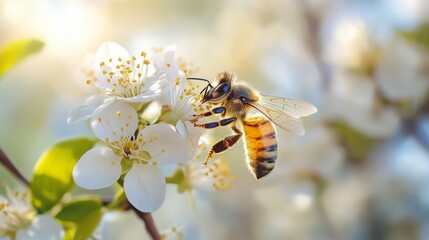 A captivating scene of a bee perched on a flower, actively gathering pollen amid a sunlit garden setting, symbolizing renewal and natural beauty.
