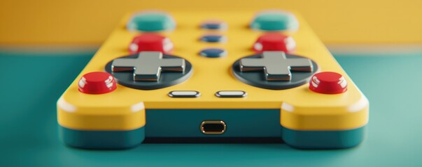 Close-up of a colorful retro gaming controller on a vibrant background, perfect for gaming enthusiasts and nostalgia lovers.