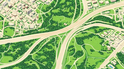 Fototapeta premium Aerial view of urban landscapes featuring complex highway intersections and lush green parks, blending nature with city design.