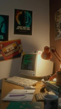 No people vertical shot of teenagers workspace in bedroom, decorated with multiple bright posters on walls, old retro computer with green code on screen, notebooks and lamp on desk