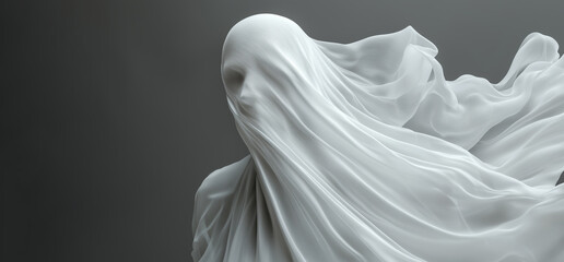 A ghostly figure, covered in translucent fabric, evokes a sense of mystery and intrigue against a simple gray background, emphasizing fluid movement.