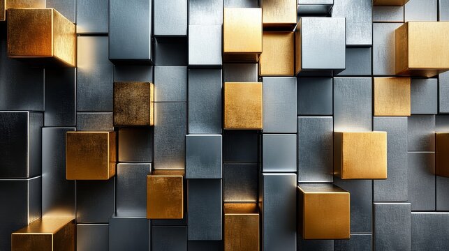 An array of metallic golden and silver blocks form abstract, geometric compositions, combining modern architectural influences with a sense of order and depth.