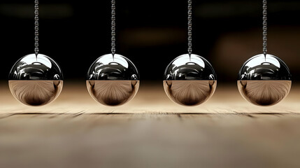 Four Silver Pendulum Balls Hang Motionless Above a Wooden Surface