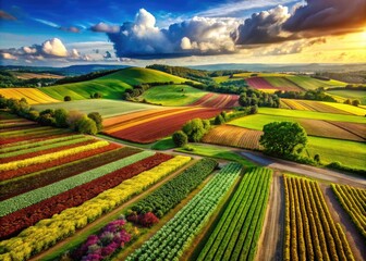 Fototapeta premium Expansive Agricultural Landscape Showcasing Various Crops and Sustainable Farming Practices