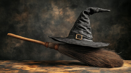 The setting features a classic black witch's hat placed elegantly on a broomstick, highlighting a mystical vibe in a dimly lit atmosphere.