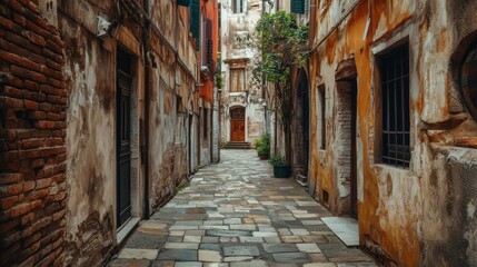 Fototapeta premium A charming narrow alleyway, steeped in European character and history, with rustic stone pathways and aged buildings creating a nostalgic and timeless ambiance.