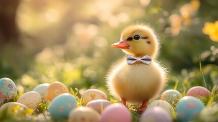 A delightful and cute duckling wearing a bow tie, adorably surrounded by colorful Easter eggs, capturing the essence of joy, innocence, and playfulness.