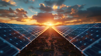 Solar farm with rows of panels, sustainable and modern, Industrial, Cool tones, Photograph, Renewable energy