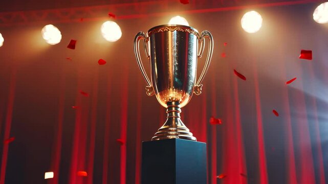 The cheering crowd applauds as the winner receives the trophy on a decorated stage